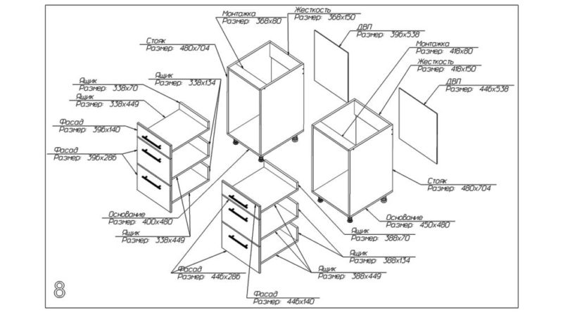 Схема сбора комодов с выдвижными ящиками