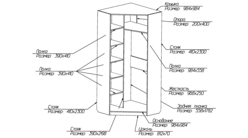 Схема сборки и расположения деталей углового шкафа