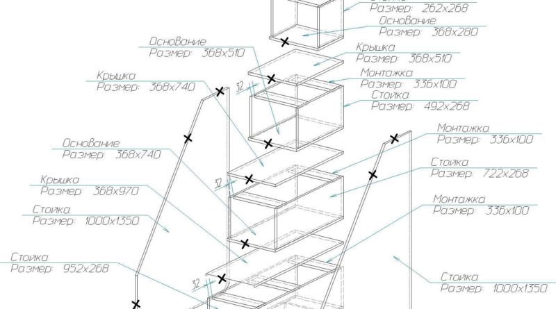 Схема сборки лестницы с размерами и крепежом